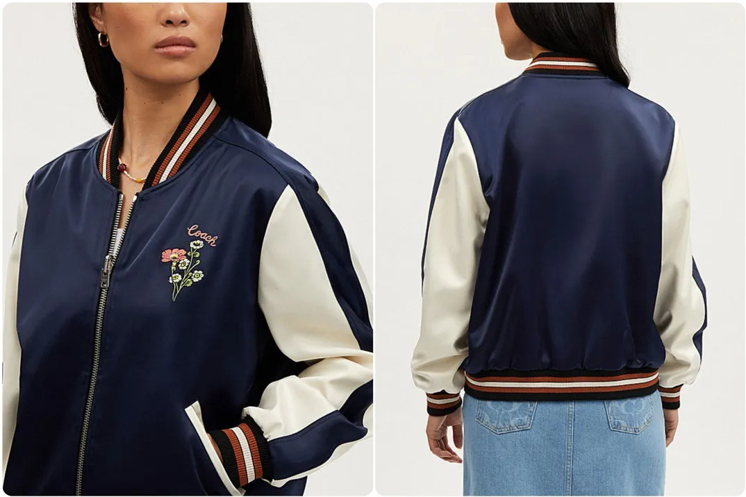 Model pictures for two wears in one! COACH New Arrival women's jacket is here. Kou's New Arrival embroidered reversible baseball jacket for women. Super beautiful reversible baseball jersey. Produced by a major trading factory. Excellent quality. The quantity is not large, only about 500 pieces. But it's also very fragrant. One side is made of high-weight Navy Blue satin fabric. This fabric is absolutely amazing. Ordinary satin fabrics on the market are either soft and shapeless. Or the texture is rough and not delicate enough. The more delicate the fabric, the higher the fabric requirements. The fabric woven with forty-eight double yarns and three yarns is not only as delicate as Dove chocolate. And just hanging it flat there is very classy. I have tried it countless times and there is absolutely no snagging. The grass embroidery on the front chest can be said to be very three-dimensional. Perfectly complementing each other. Wearing it on the reverse side is a combination of color-blocked C all-over print and satin fabric. Classic is revealed in a low profile. All sizes available in complete packaging. Size: S-L (reversible) Color: Navy Blue (presbyopia reversed) (Material: polyester fiber) S size: length 59CM, bust 120CM, shoulder raglan (raglan) 72CM, reference weight 90-105 catties M size: length 61CM, bust 124CM, shoulder raglan (raglan) 74CM, reference weight 105-115 catties L size: length 63CM Bust 128CM, shoulder sleeves (raglan) 76CM, reference weight 115-130 catties